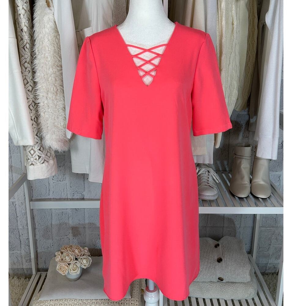 Eci NEw York Women's Size XS Bright Pink Criss Cross V Neck Shift Dress #0254